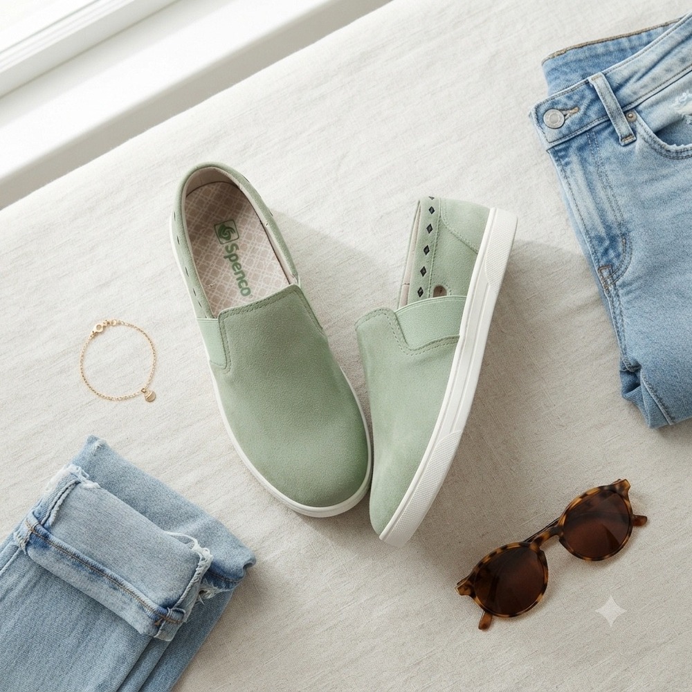 Spenco Suede Slip On Sneakers Womens Sage Green Orthotic Comfort Studded Loafers
